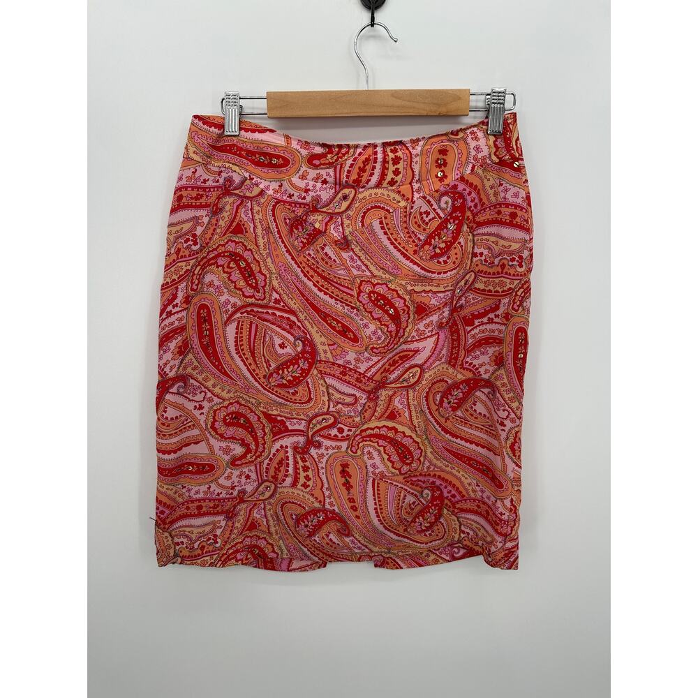 Worthington Womens Pink Paisley Y2K Silk Pencil Skirt Size 8 Academia Fairy Boho